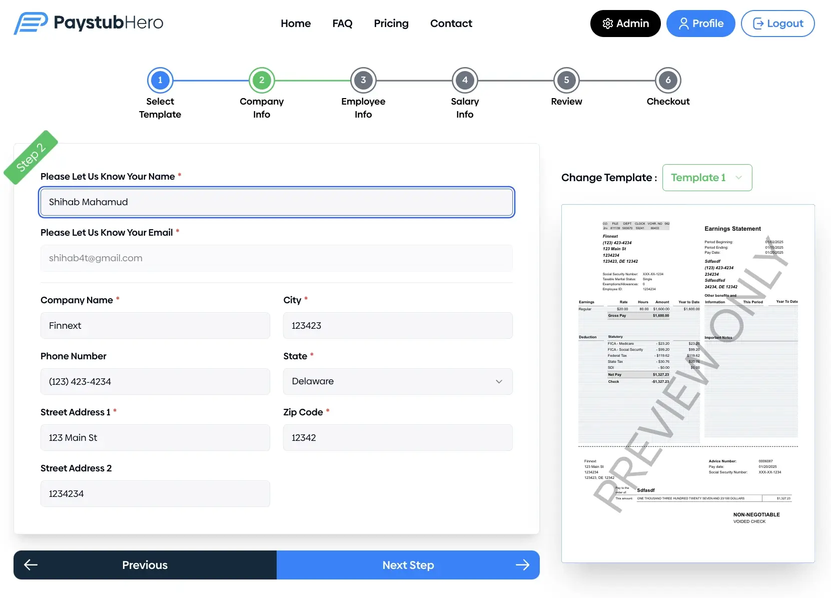 Paystub Generator Step 2